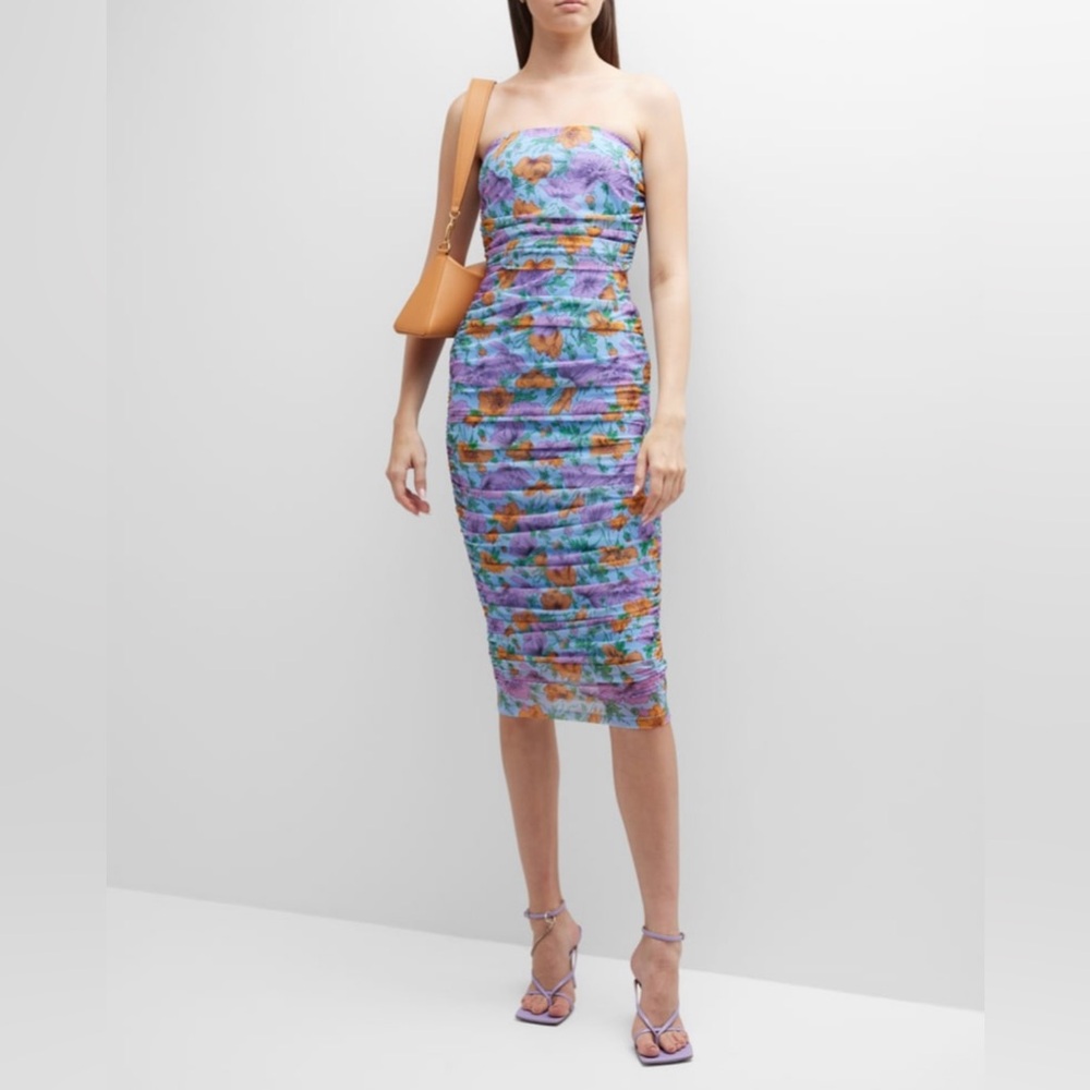 Veronica Beard Quiana floral-print ruched midi dress in lake blue multi. Size 10